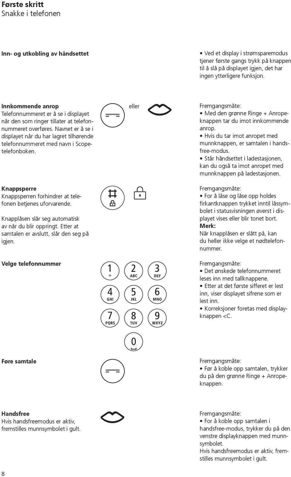 Navnet er å se i displayet når du har lagret tilhørende telefonnummeret med navn i Scopetelefonboken. Knappsperre Knappsperren forhindrer at telefonen betjenes uforvarende.