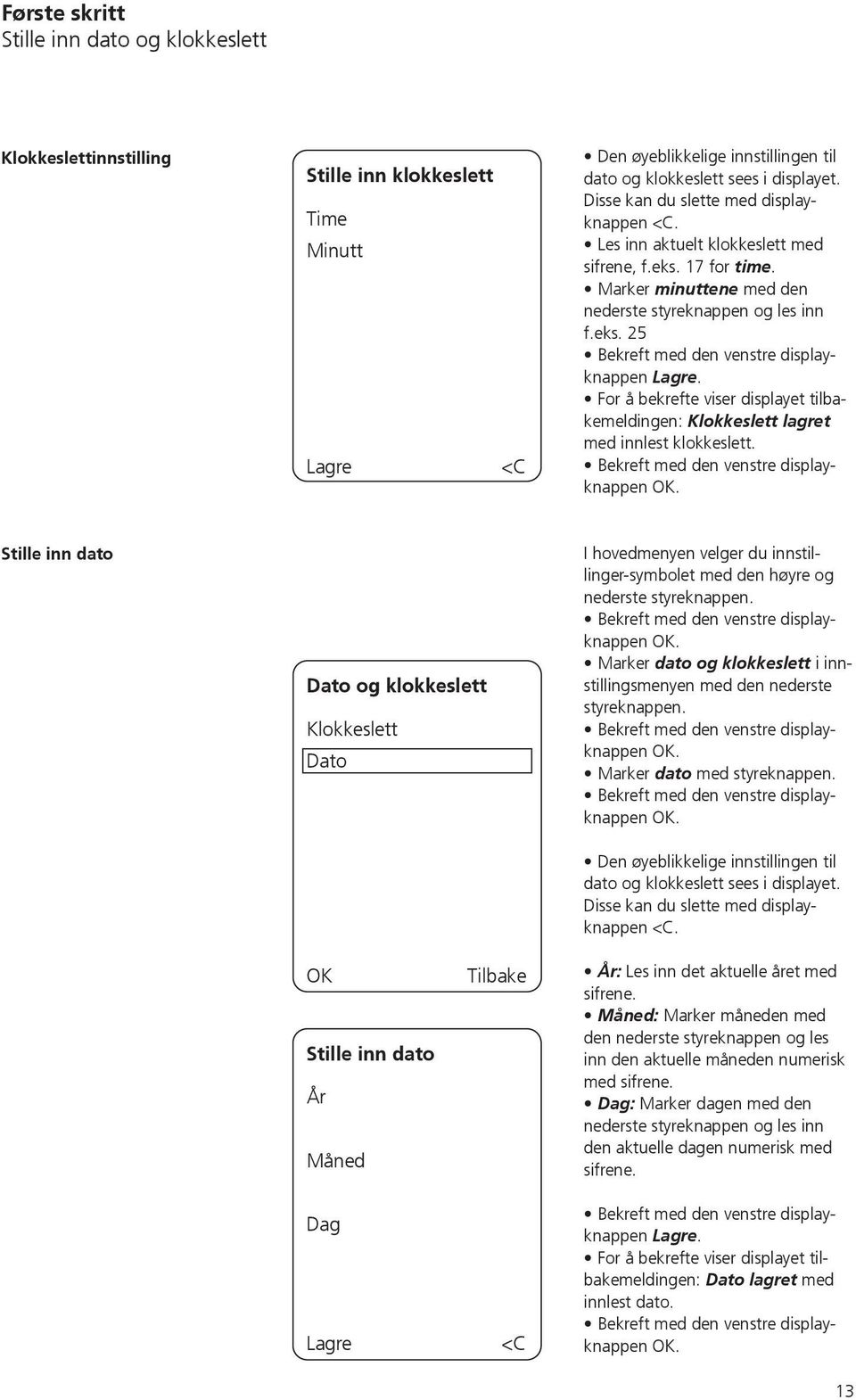 For å bekrefte viser displayet tilbakemeldingen: Klokkeslett lagret med innlest klokkeslett.