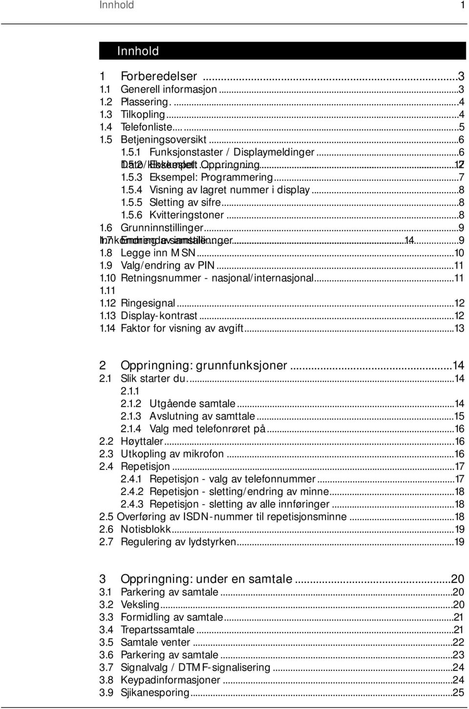 7 Innkommende Endring av samtale...14 innstillinnger...9 1.8 Legge inn MSN...10 1.9 Valg/endring av PIN...11 1.10 Retningsnummer - nasjonal/internasjonal...11 1.11 1.12 Ringesignal...12 1.