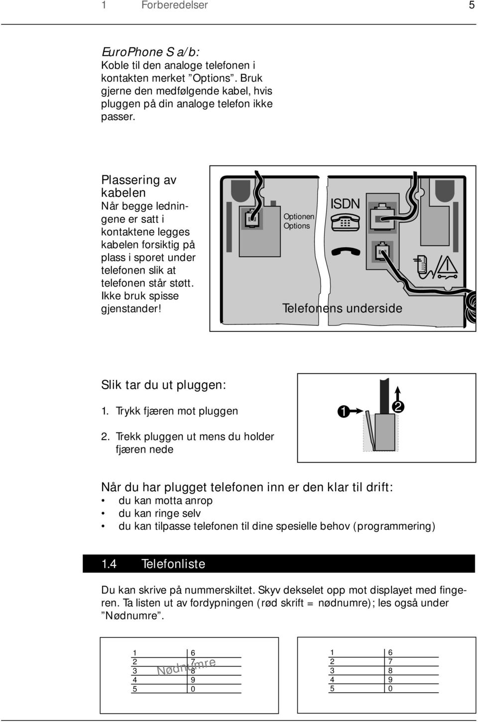 Optionen Options ISDN Telefonens underside Slik tar du ut pluggen: 1. Trykk fjæren mot pluggen 1 2 2.