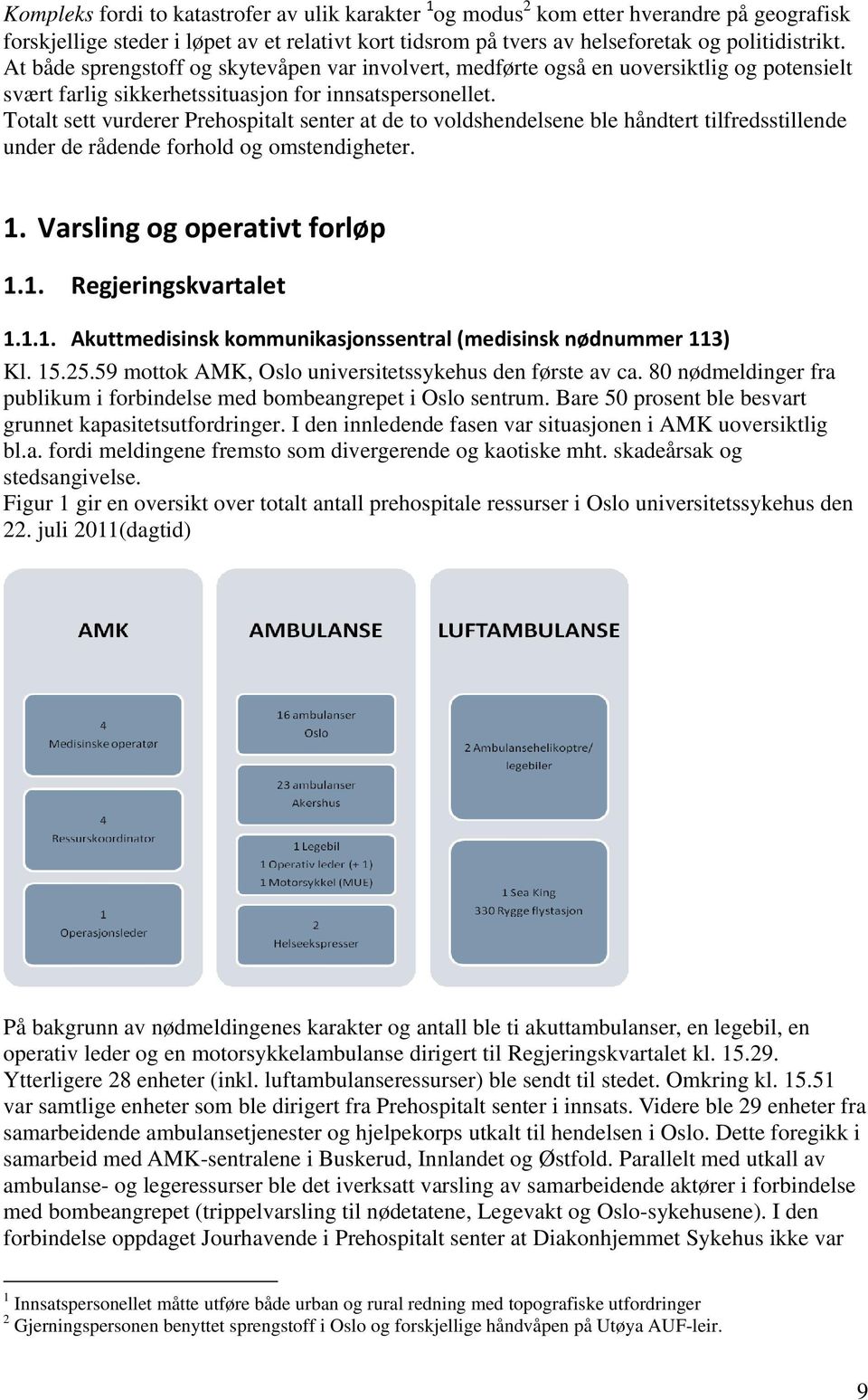 Totalt sett vurderer Prehospitalt senter at de to voldshendelsene ble håndtert tilfredsstillende under de rådende forhold og omstendigheter. 1. Varsling og operativt forløp 1.1. Regjeringskvartalet 1.