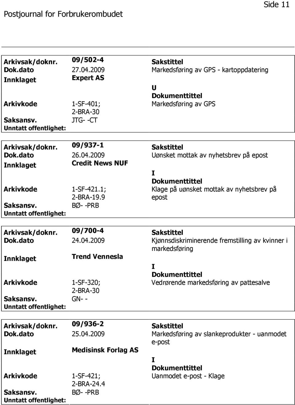 9 Klage på uønsket mottak av nyhetsbrev på epost BØ- -PRB Arkivsak/doknr. 09/700-4 Sakstittel Dok.dato 24.04.