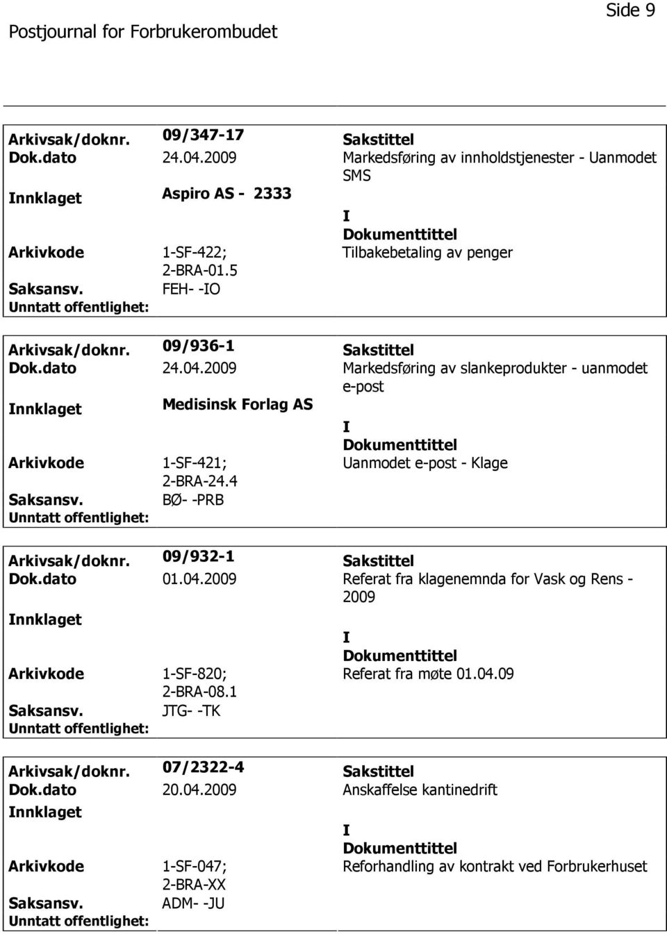 2009 Markedsføring av slankeprodukter - uanmodet e-post nnklaget Medisinsk Forlag AS 1-SF-421; 2-BRA-24.4 anmodet e-post - Klage BØ- -PRB Arkivsak/doknr. 09/932-1 Sakstittel Dok.