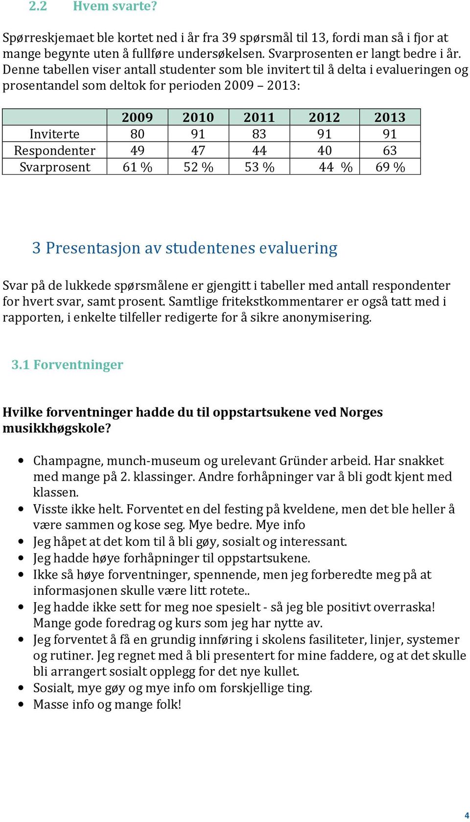 47 44 40 63 Svarprosent 61 % 52 % 53 % 44 % 69 % 3 Presentasjon av studentenes evaluering Svar på de lukkede spørsmålene er gjengitt i tabeller med antall respondenter for hvert svar, samt prosent.