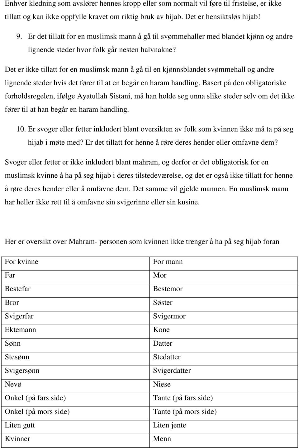 Det er ikke tillatt for en muslimsk mann å gå til en kjønnsblandet svømmehall og andre lignende steder hvis det fører til at en begår en haram handling.