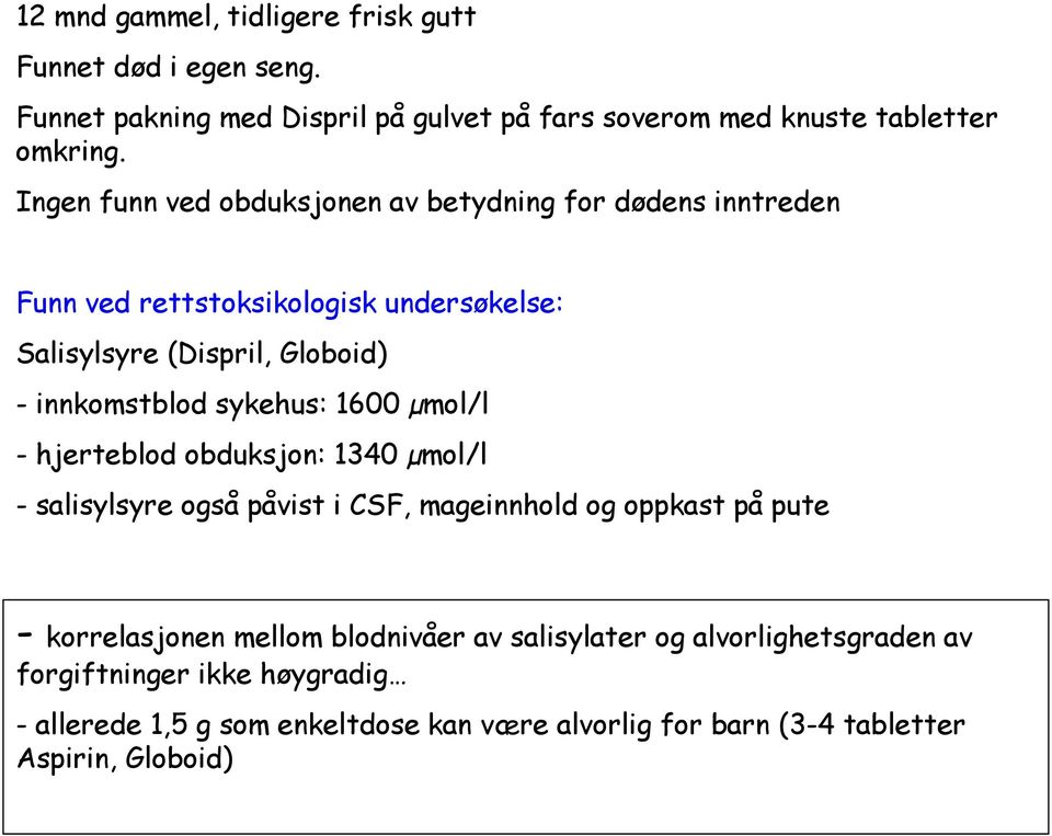 sykehus: 1600 µmol/l - hjerteblod obduksjon: 1340 µmol/l - salisylsyre også påvist i CSF, mageinnhold og oppkast på pute - korrelasjonen mellom