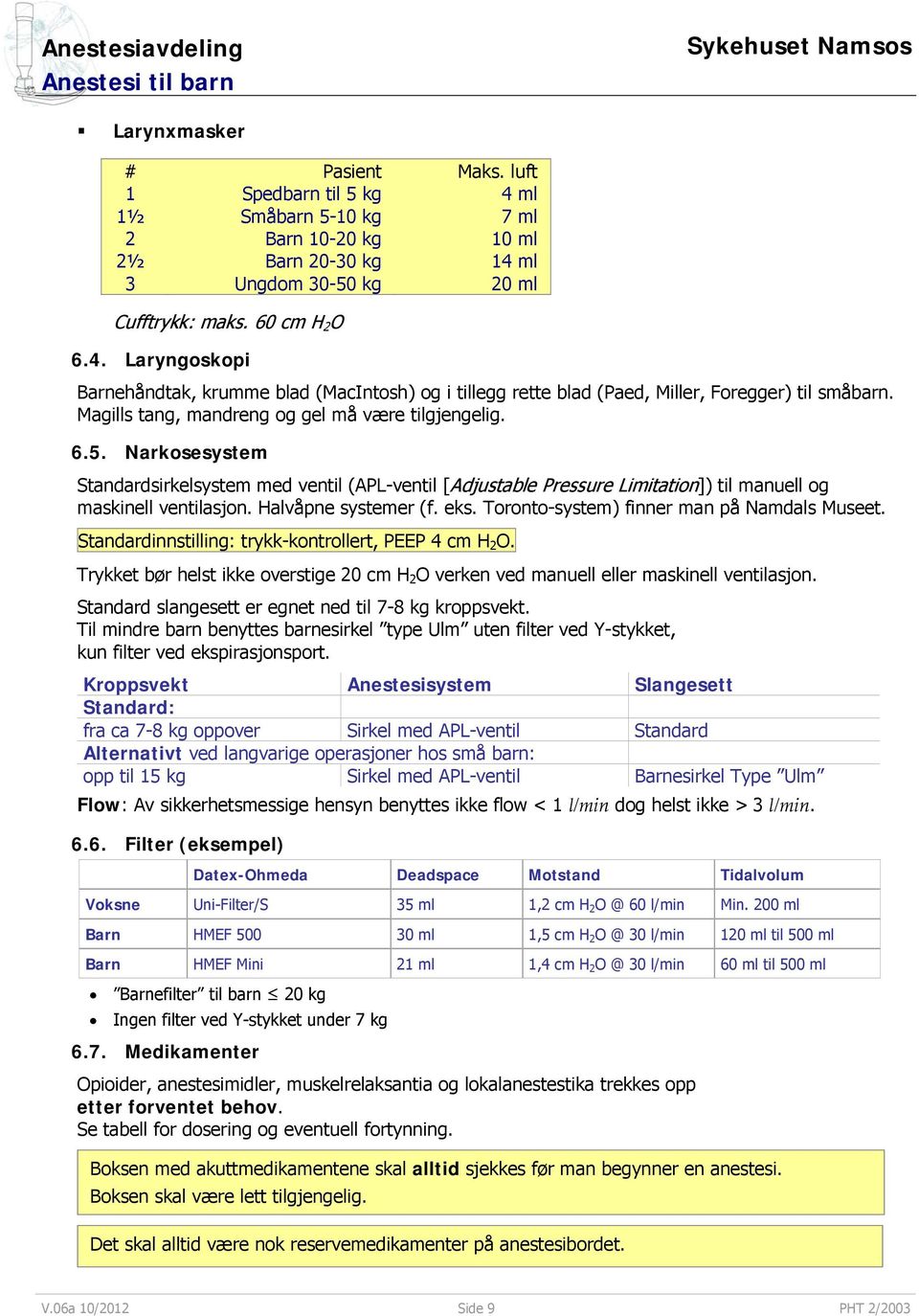 Halvåpne systemer (f. eks. Toronto-system) finner man på Namdals Museet. Standardinnstilling: trykk-kontrollert, PEEP 4 cm H 2 O.