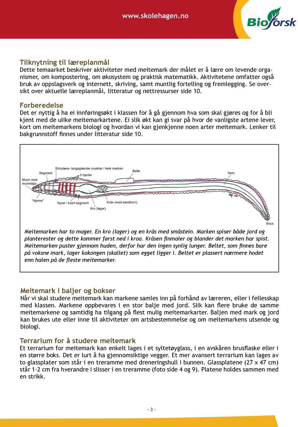 Forberedelse Det er nyttig å ha ei innføringsøkt i klassen for å gå gjennom hva som skal gjøres og for å bli kjent med de ulike meitemarkartene.