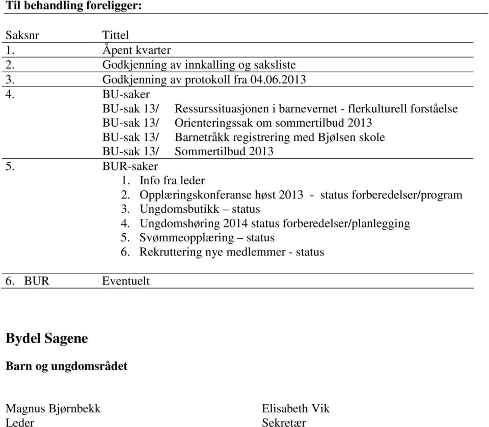 Bjølsen skole BU-sak 13/ Sommertilbud 2013 5. BUR-saker 1. Info fra leder 2. Opplæringskonferanse høst 2013 - status forberedelser/program 3. Ungdomsbutikk status 4.