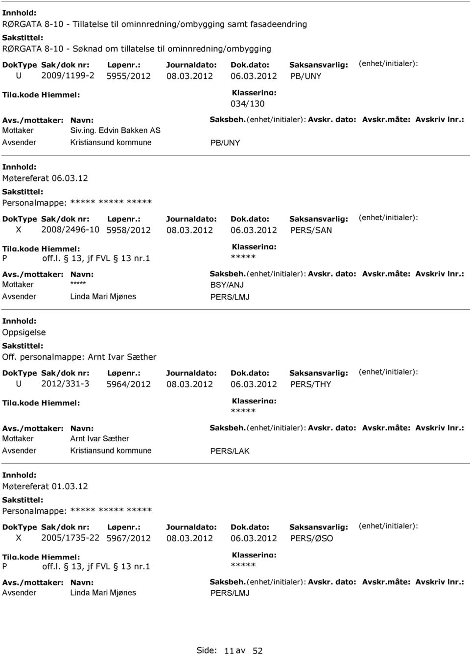 Avskr. dato: Avskr.måte: Avskriv lnr.: BSY/ANJ Linda Mari Mjønes PRS/LMJ Oppsigelse Off. personalmappe: Arnt var Sæther 2012/331-3 5964/2012 PRS/THY Avs./mottaker: Navn: Saksbeh. Avskr. dato: Avskr.måte: Avskriv lnr.: Arnt var Sæther Møtereferat 01.