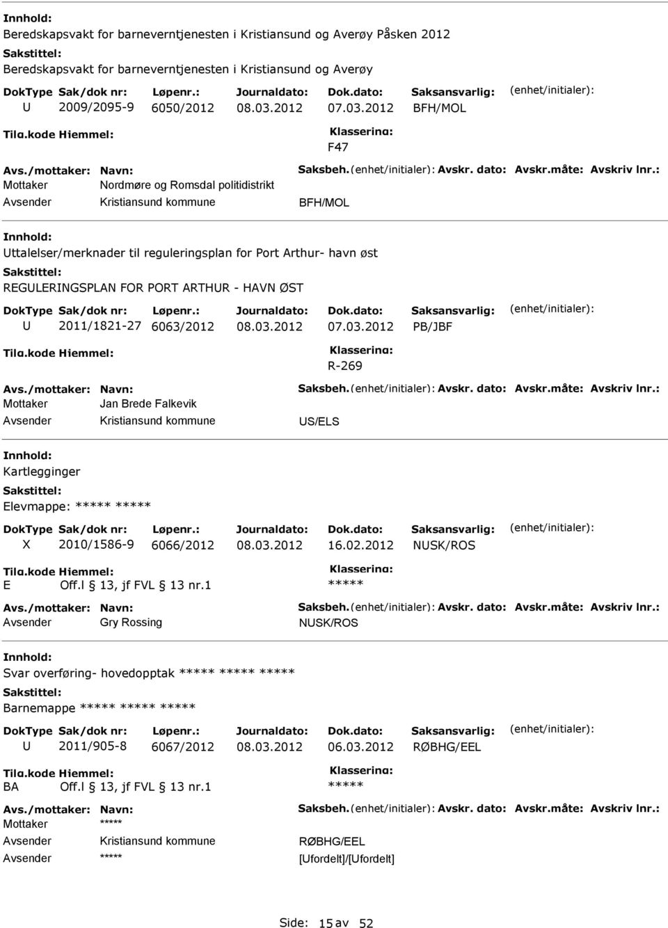 : Nordmøre og Romsdal politidistrikt BFH/MOL ttalelser/merknader til reguleringsplan for Port Arthur- havn øst RGLRNGSPLAN FOR PORT ARTHR - HAVN ØST 2011/1821-27 6063/2012 PB/JBF R-269 Avs.