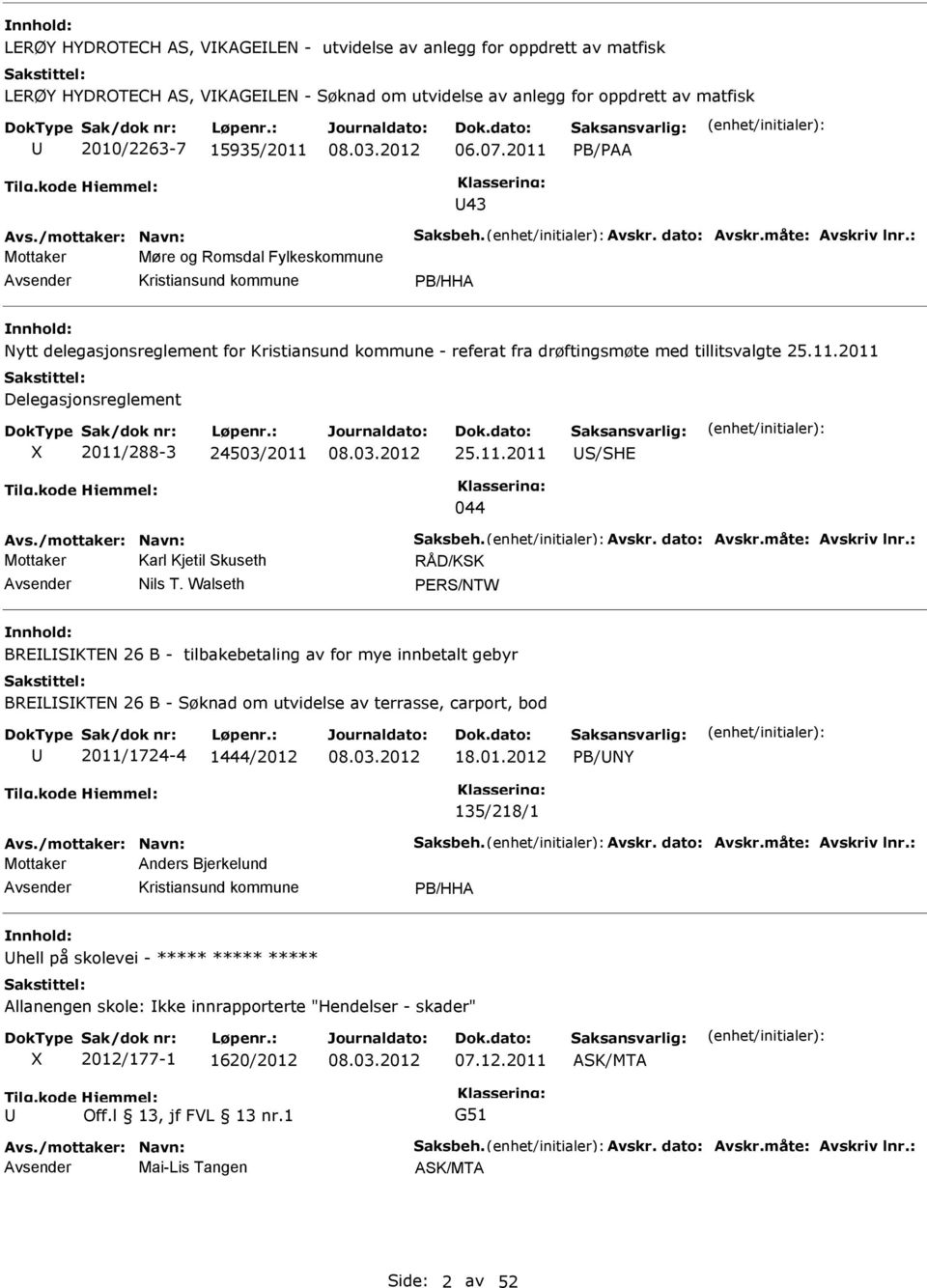 2011 Delegasjonsreglement X 2011/288-3 24503/2011 25.11.2011 S/SH 044 Avs./mottaker: Navn: Saksbeh. Avskr. dato: Avskr.måte: Avskriv lnr.: Karl Kjetil Skuseth RÅD/KSK Nils T.