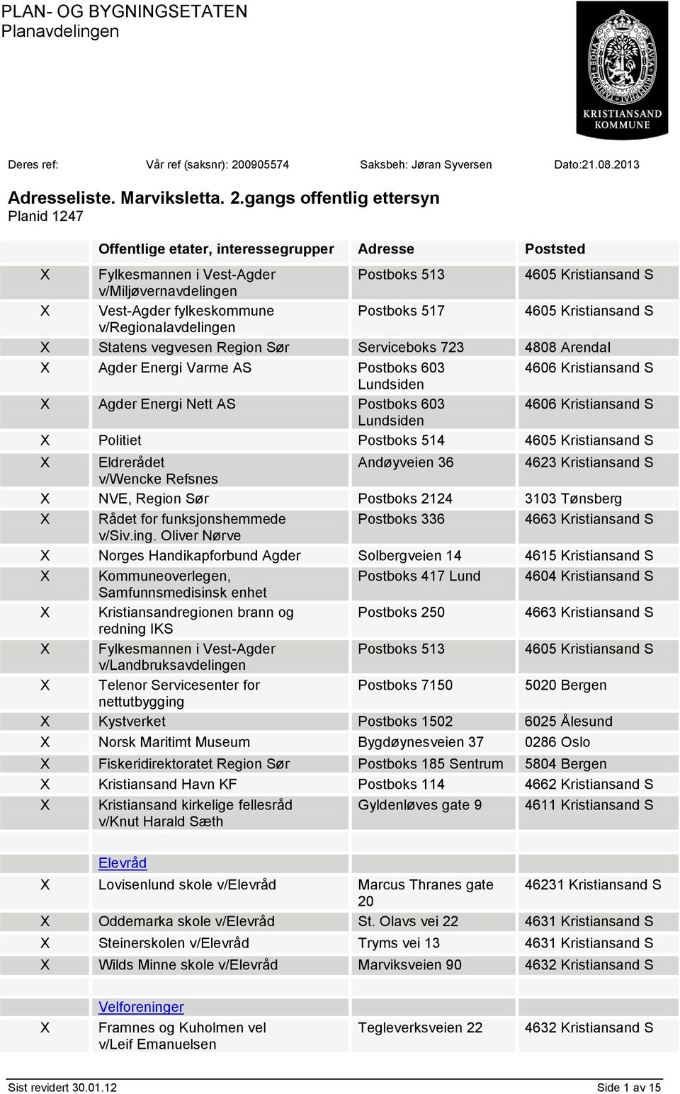 gangs offentlig ettersyn Planid 1247 Offentlige etater, interessegrupper Adresse Poststed X Fylkesmannen i Vest-Agder Postboks 513 4605 Kristiansand S v/miljøvernavdelingen X Vest-Agder fylkeskommune