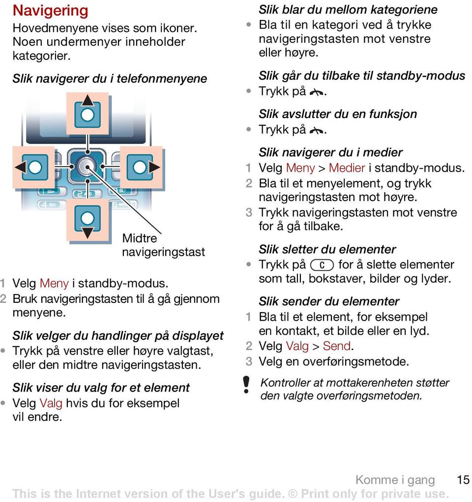 Slik velger du handlinger på displayet Trykk på venstre eller høyre valgtast, eller den midtre navigeringstasten. Slik viser du valg for et element Velg Valg hvis du for eksempel vil endre.