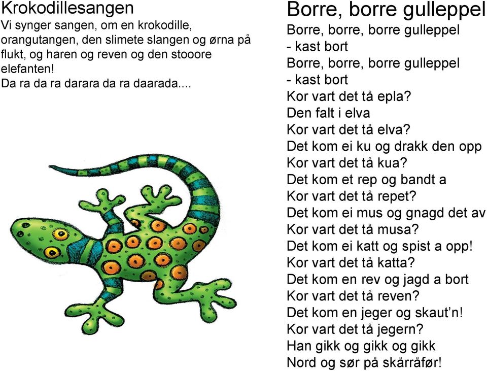 Den falt i elva Kor vart det tå elva? Det kom ei ku og drakk den opp Kor vart det tå kua? Det kom et rep og bandt a Kor vart det tå repet?