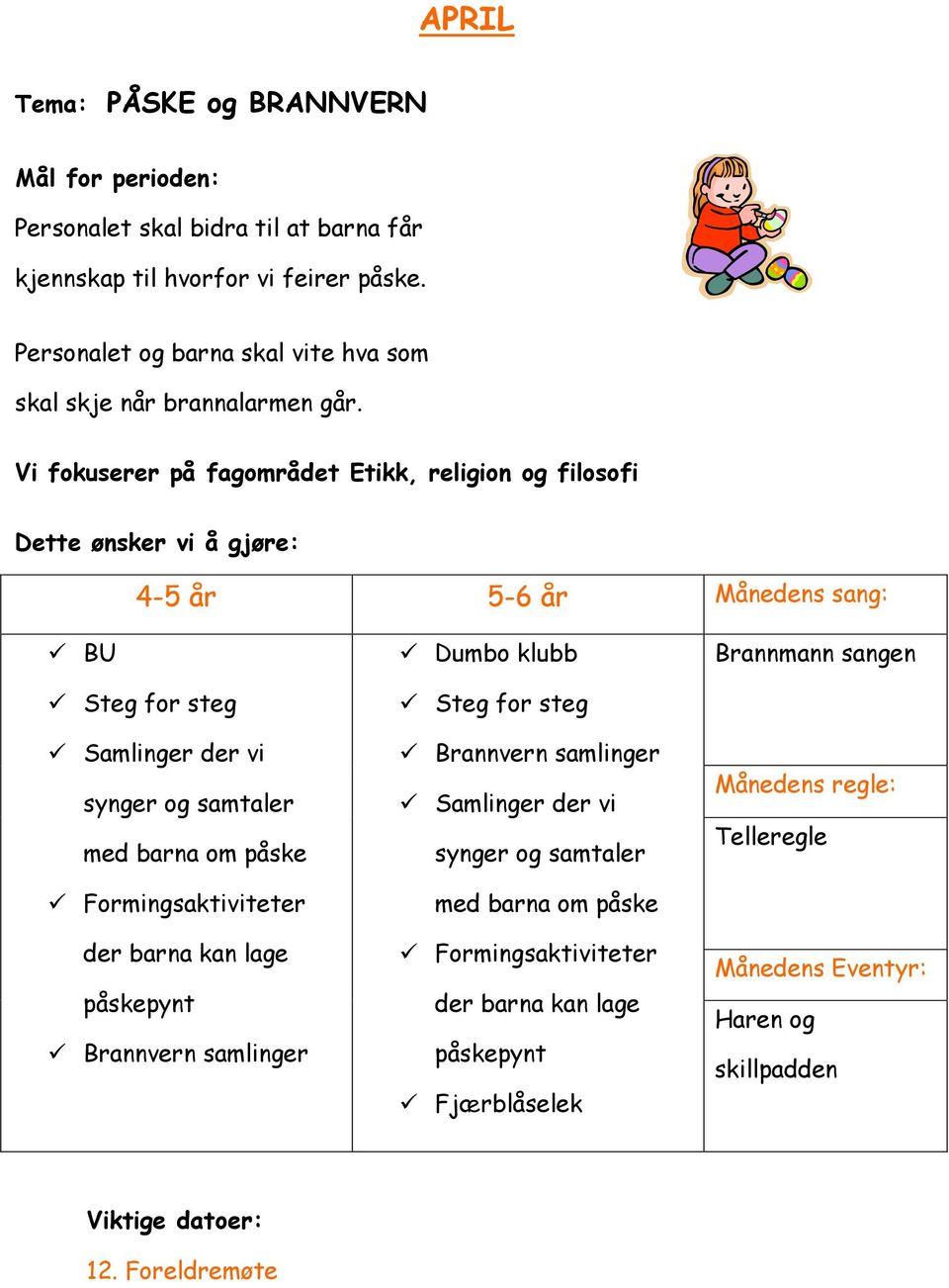 Vi fokuserer på fagområdet Etikk, religion og filosofi der vi synger og samtaler med barna om påske Formingsaktiviteter der barna kan lage