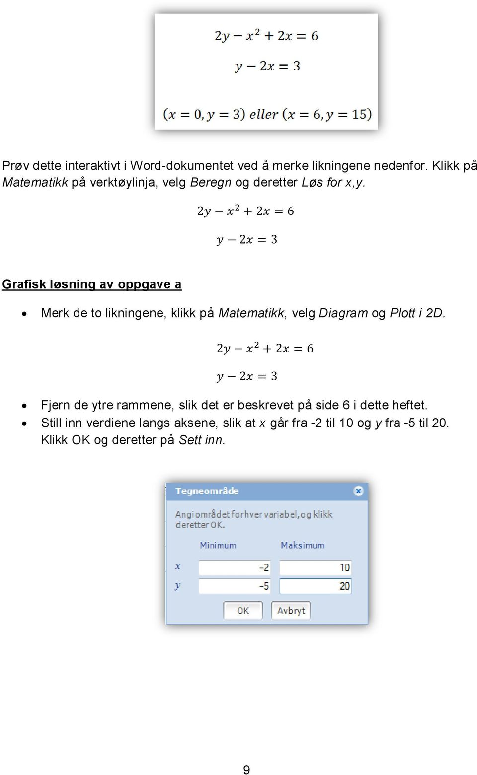 Grafisk løsning av oppgave a Merk de to likningene, klikk på Matematikk, velg Diagram og Plott i 2D.
