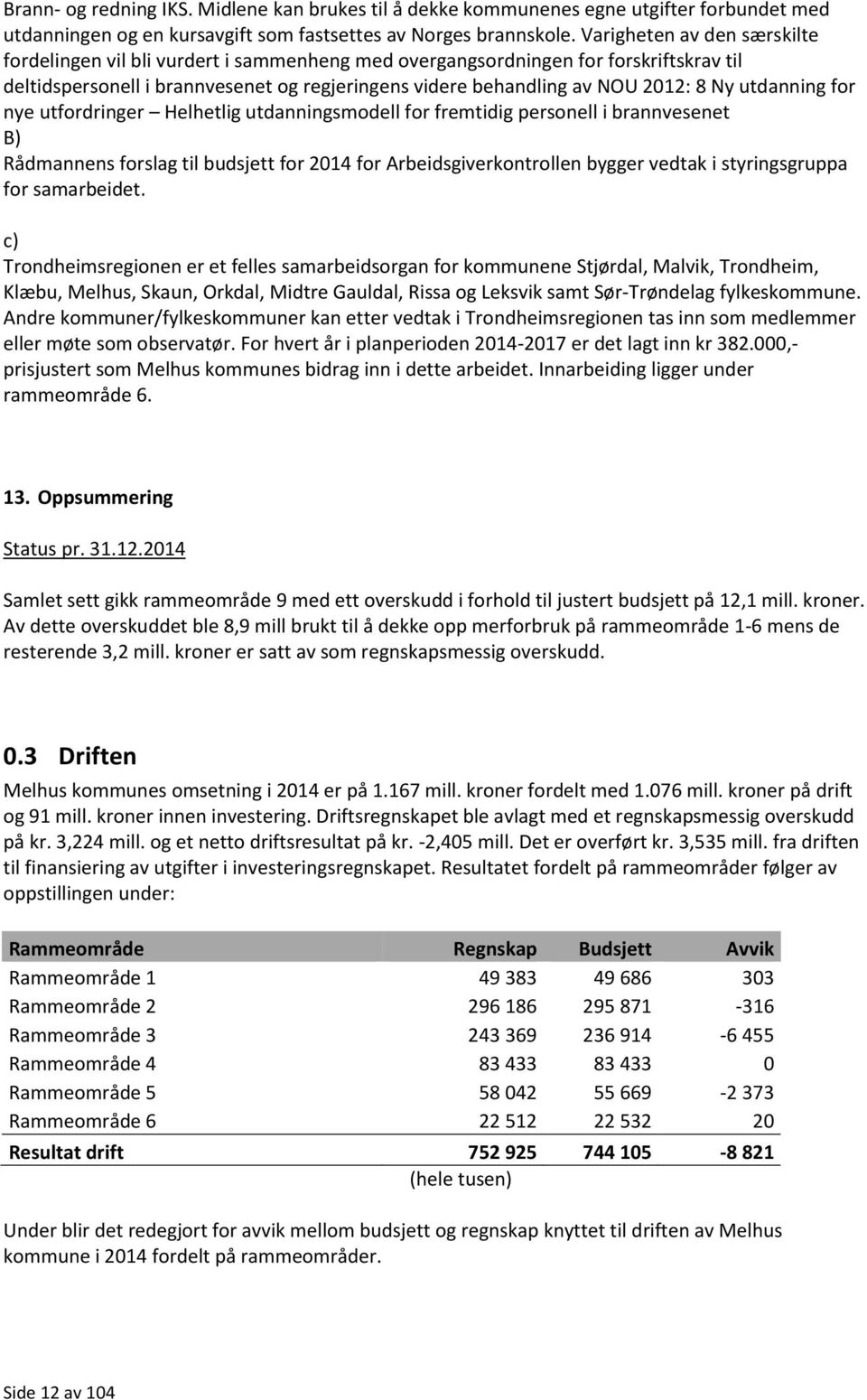 utdanning for nye utfordringer Helhetlig utdanningsmodell for fremtidig personell i brannvesenet B) Rådmannens forslag til budsjett for 2014 for Arbeidsgiverkontrollen bygger vedtak i styringsgruppa