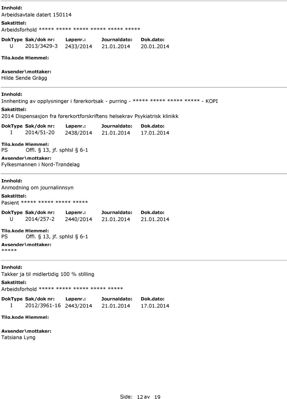 Psykiatrisk klinikk 2014/51-20 2438/2014 Fylkesmannen i Nord-Trøndelag Anmodning om journalinnsyn Pasient