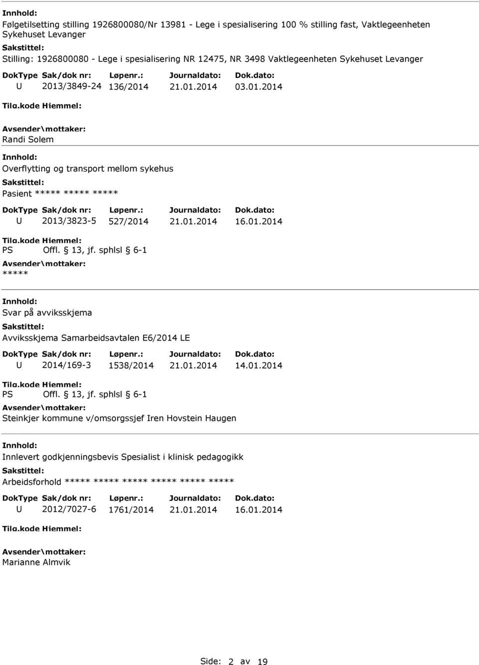 /3849-24 136/2014 03.01.2014 Randi Solem Overflytting og transport mellom sykehus Pasient 2013/3823-5 527/2014 16.01.2014 Svar på avviksskjema Avviksskjema Samarbeidsavtalen E6/2014 LE 2014/169-3 1538/2014 14.