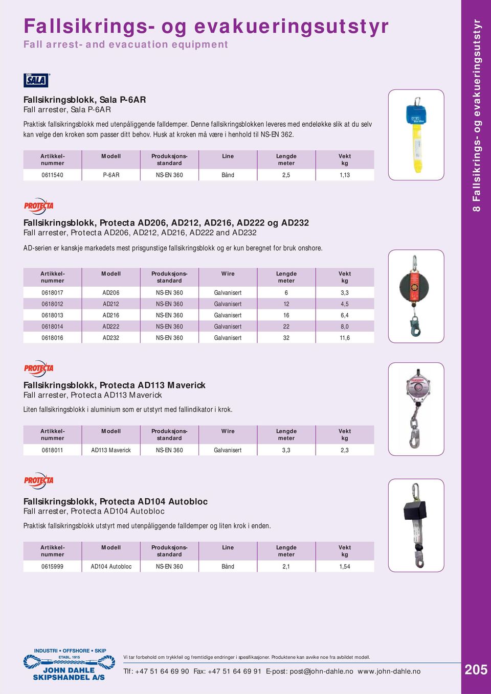 Line 0611540 P-6AR NS-EN 360 Bånd 2,5 1,13 8 Fallsikrings- og evakueringsutstyr Fallsikringsblokk, Protecta AD206, AD212, AD216, AD222 og AD232 Fall arrester, Protecta AD206, AD212, AD216, AD222 and