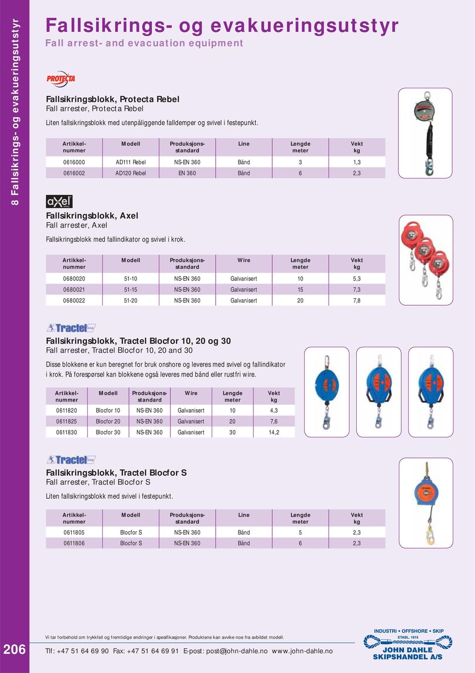 Wire 0680020 51-10 NS-EN 360 Galvanisert 10 5,3 0680021 51-15 NS-EN 360 Galvanisert 15 7,3 0680022 51-20 NS-EN 360 Galvanisert 20 7,8 Fallsikringsblokk, Tractel Blocfor 10, 20 og 30 Fall arrester,