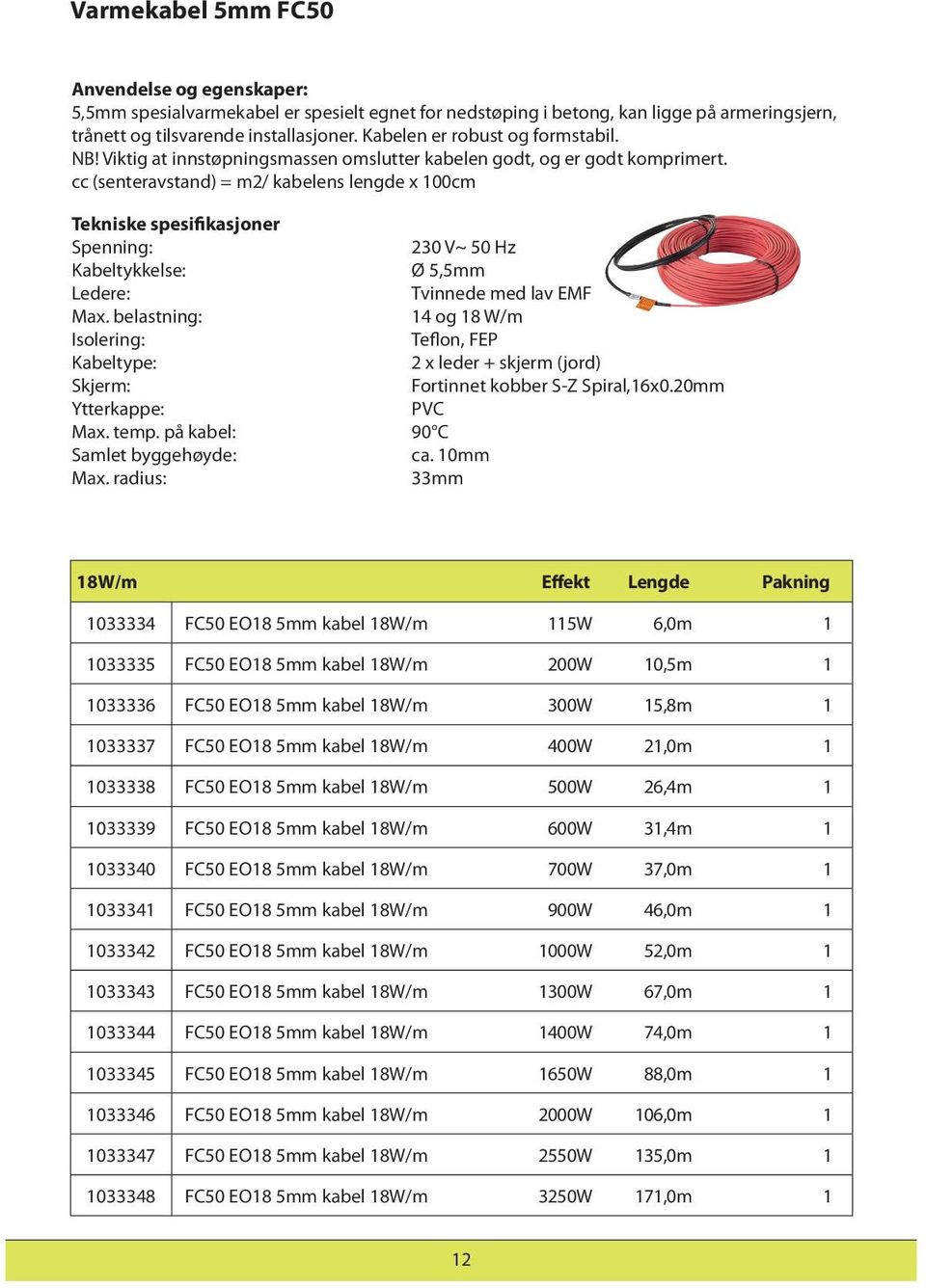 cc (senteravstand) = m2/ kabelens lengde x 100cm Tekniske spesifikasjoner Spenning: 230 V~ 50 Hz Kabeltykkelse: Ø 5,5mm Ledere: Tvinnede med lav EMF Max.