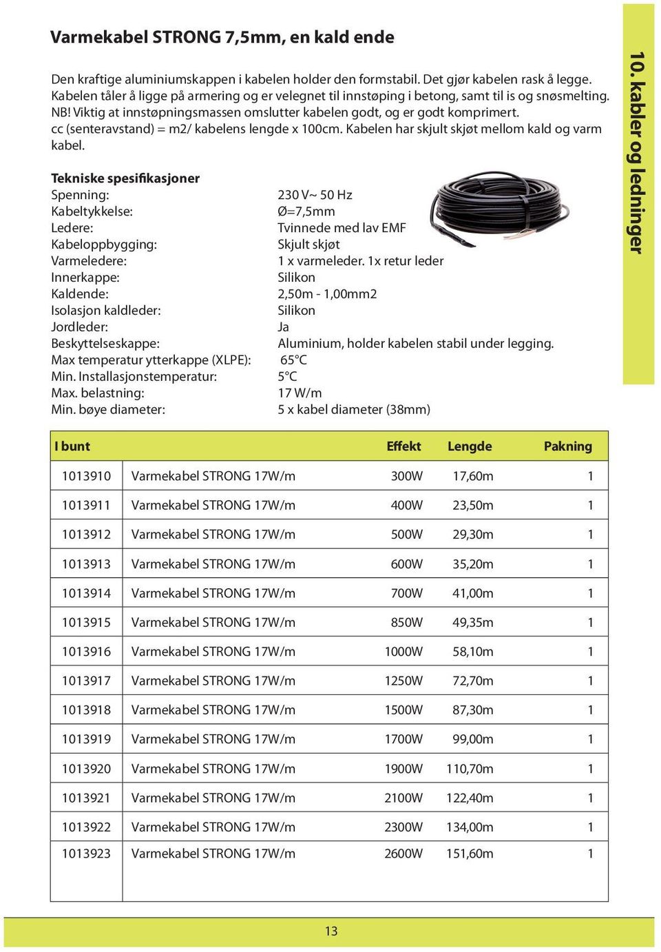 cc (senteravstand) = m2/ kabelens lengde x 100cm. Kabelen har skjult skjøt mellom kald og varm kabel.