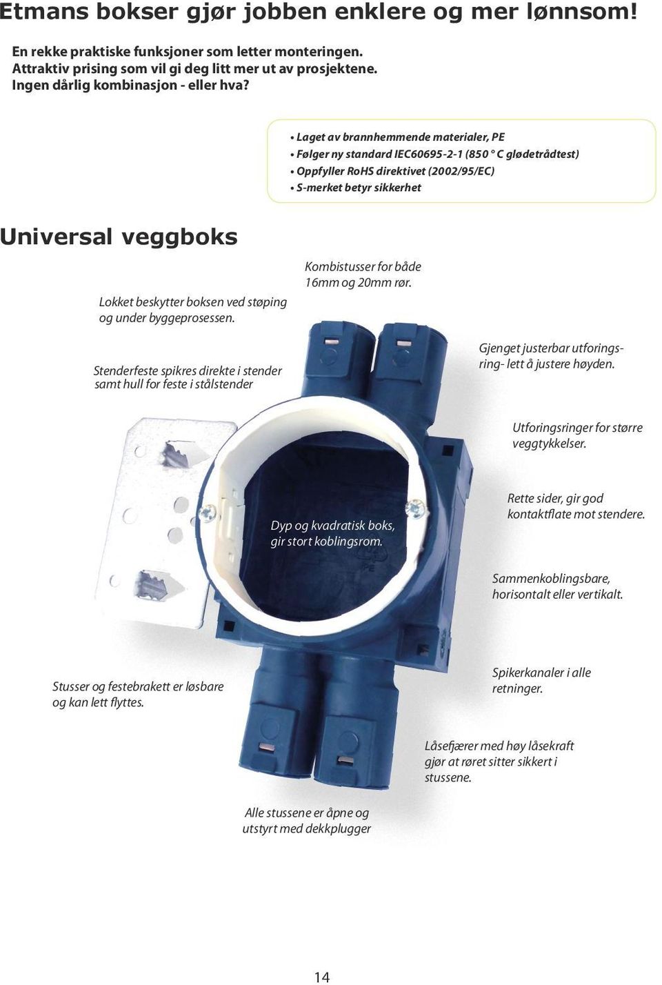 Laget av brannhemmende materialer, PE Følger ny standard IEC60695-2-1 (850 C glødetrådtest) Oppfyller RoHS direktivet (2002/95/EC) S-merket betyr sikkerhet Universal veggboks Lokket beskytter boksen