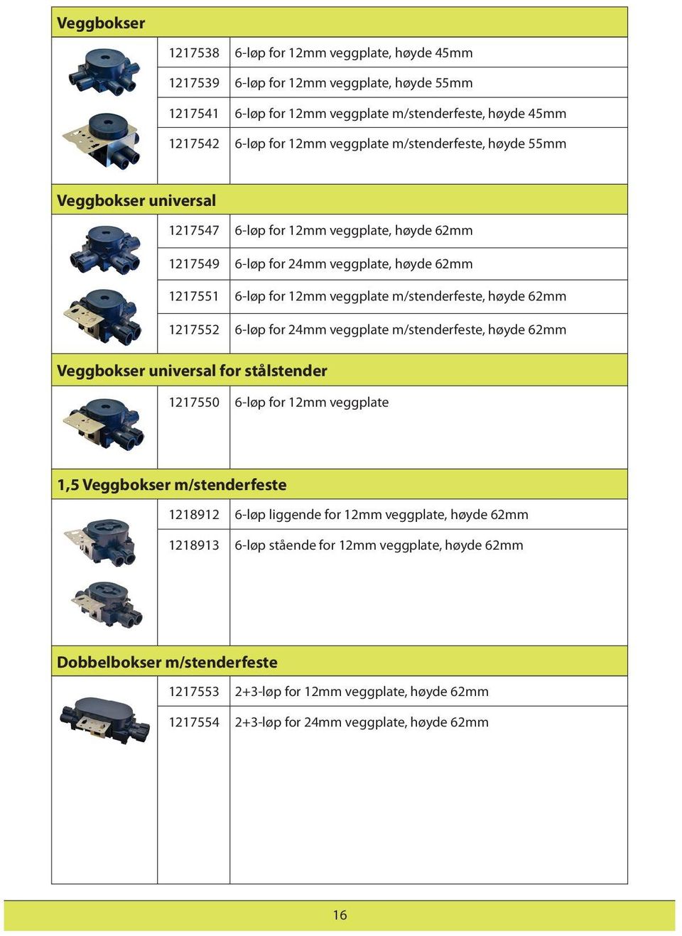 62mm 1217552 6-løp for 24mm veggplate m/stenderfeste, høyde 62mm Veggbokser universal for stålstender 1217550 6-løp for 12mm veggplate 1,5 Veggbokser m/stenderfeste 1218912 6-løp liggende for