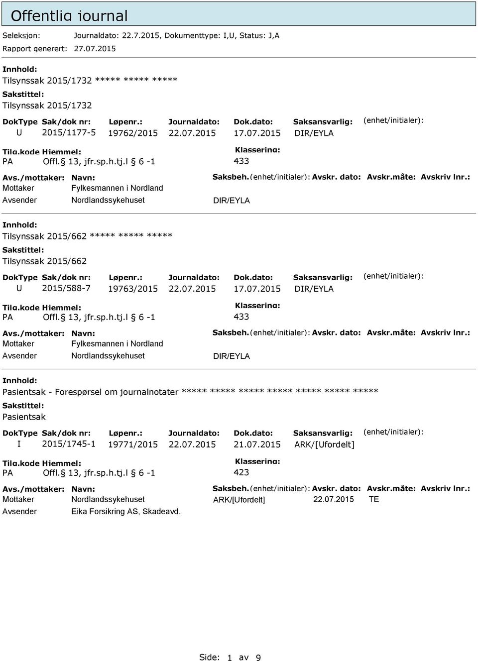 : Mottaker Fylkesmannen i Nordland Avsender Nordlandssykehuset DR/EYLA nnhold: Tilsynssak 2015/662 Tilsynssak 2015/662 U 2015/588-7 19763/2015 17.07.2015 DR/EYLA A 433 Avs.