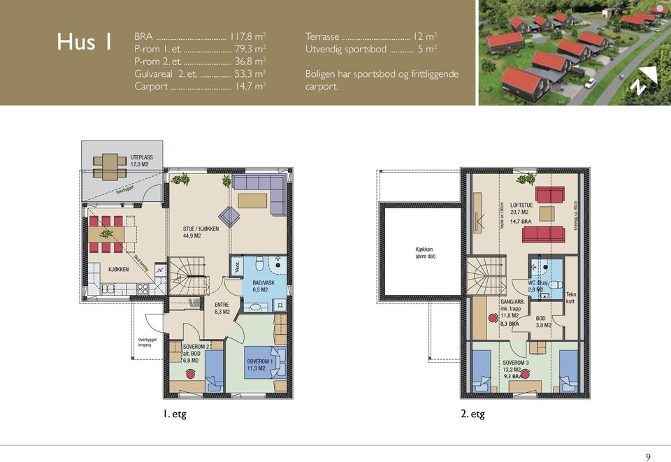 12,0 M2 STUE / 44,9 M2 LOFTSTUE 20,7 M2 14,7 BRA (øvre del) Vent. ENTRE 8,3 M2 6,5 M2 GANG/ARB. ink.