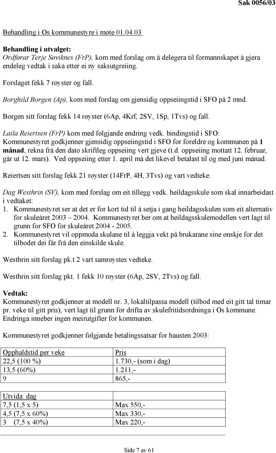 Borghild Borgen (Ap), kom med forslag om gjensidig oppseiingstid i SFO på 2 mnd. Borgen sitt forslag fekk 14 røyster (6Ap, 4Krf, 2SV, 1Sp, 1Tvs) og fall.