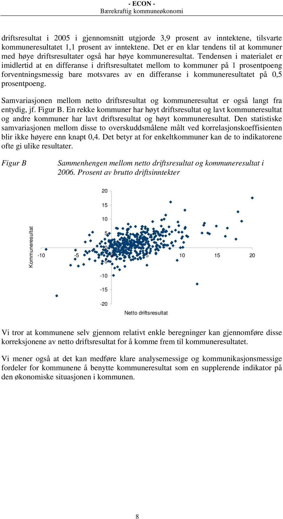 Tendensen i materialet er imidlertid at en differanse i driftsresultatet mellom to kommuner på 1 prosentpoeng forventningsmessig bare motsvares av en differanse i kommuneresultatet på 0,5