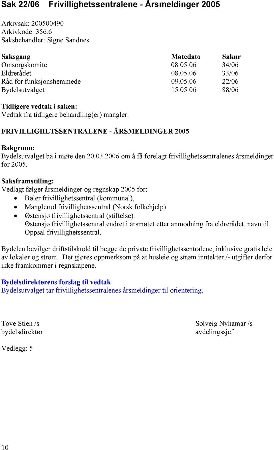 03.2006 om å få forelagt frivillighetssentralenes årsmeldinger for 2005.