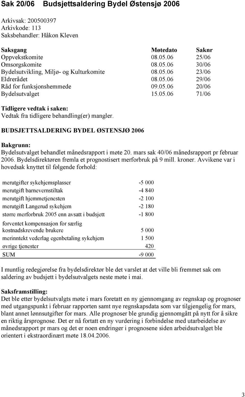 BUDSJETTSALDERING BYDEL ØSTENSJØ 2006 Bakgrunn: Bydelsutvalget behandlet månedsrapport i møte 20. mars sak 40/06 månedsrapport pr februar 2006.