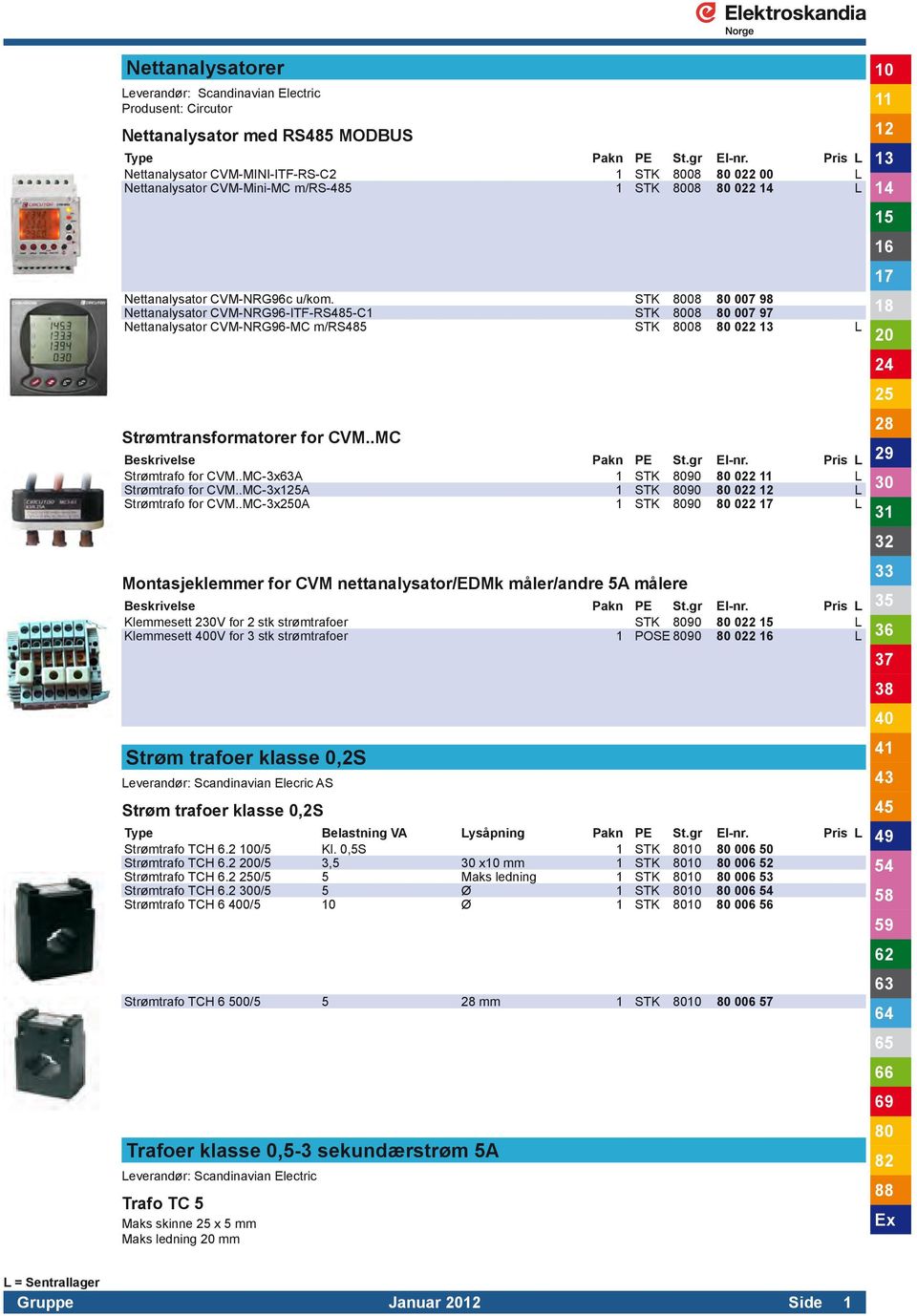 STK 08 007 98 Nettanalysator CVM-NRG96-ITF-RS485-C1 STK 08 007 97 Nettanalysator CVM-NRG96-MC m/rs485 STK 08 022 L Strømtransformatorer for CVM..MC Strømtrafo for CVM.