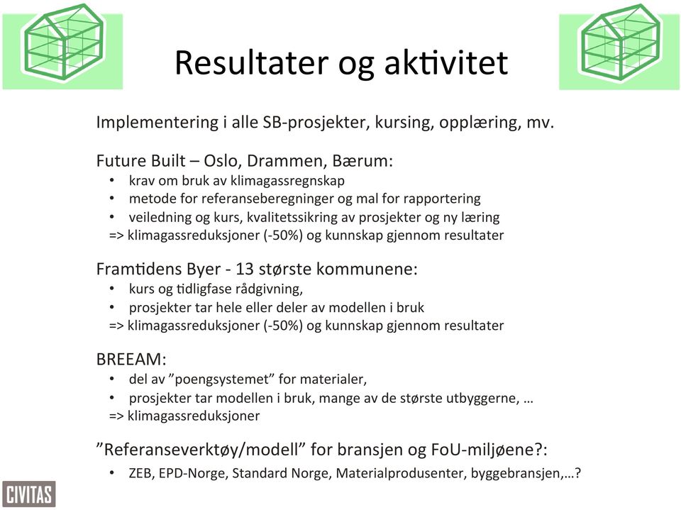 klimagassreduksjoner (- 50%) og kunnskap gjennom resultater Fram9dens Byer - 13 største kommunene: kurs og 9dligfase rådgivning, prosjekter tar hele eller deler av modellen i bruk =>