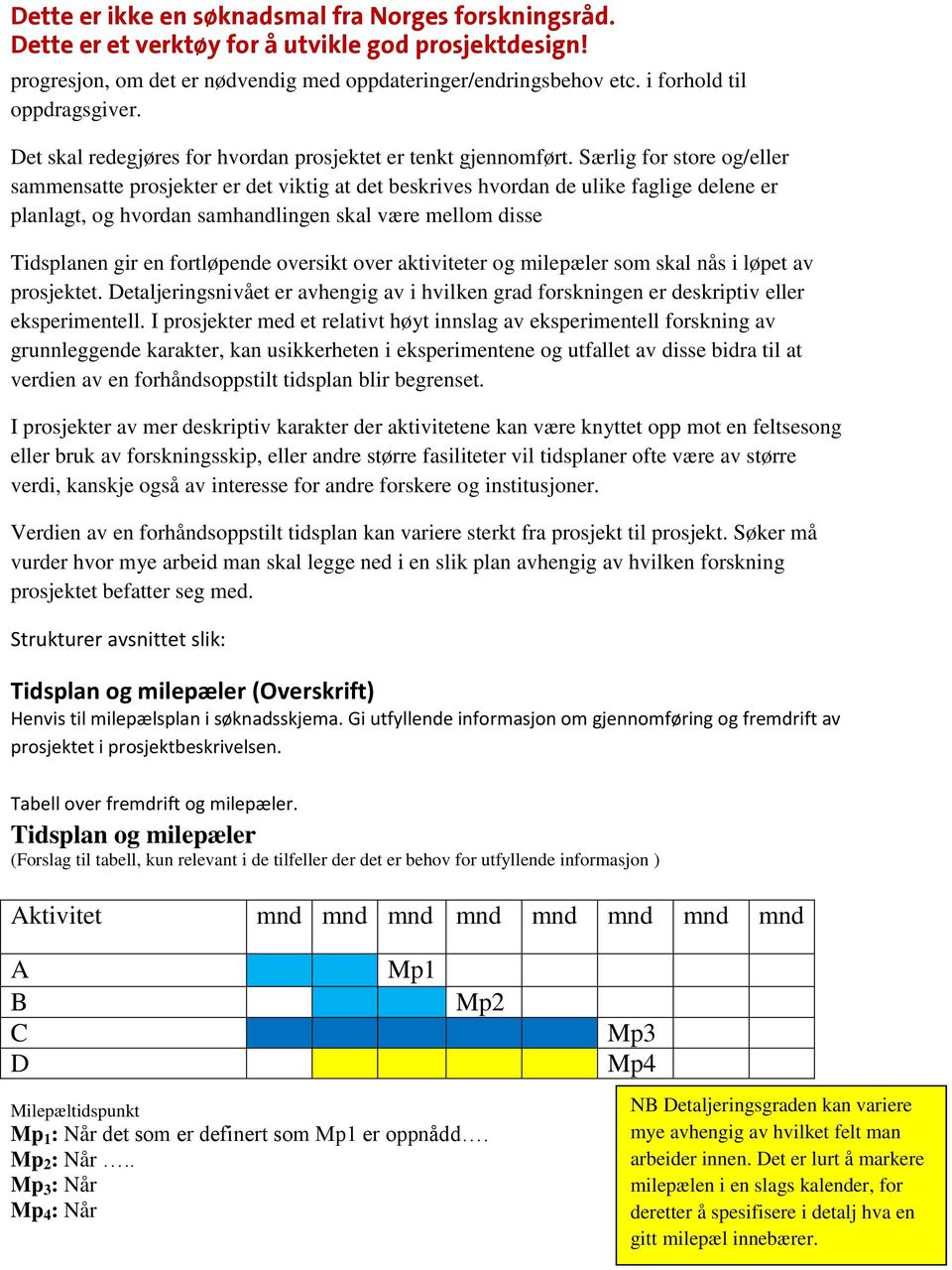 fortløpende oversikt over aktiviteter og milepæler som skal nås i løpet av prosjektet. Detaljeringsnivået er avhengig av i hvilken grad forskningen er deskriptiv eller eksperimentell.