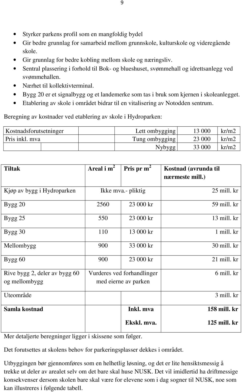 Bygg 20 er et signalbygg og et landemerke som tas i bruk som kjernen i skoleanlegget. Etablering av skole i området bidrar til en vitalisering av Notodden sentrum.