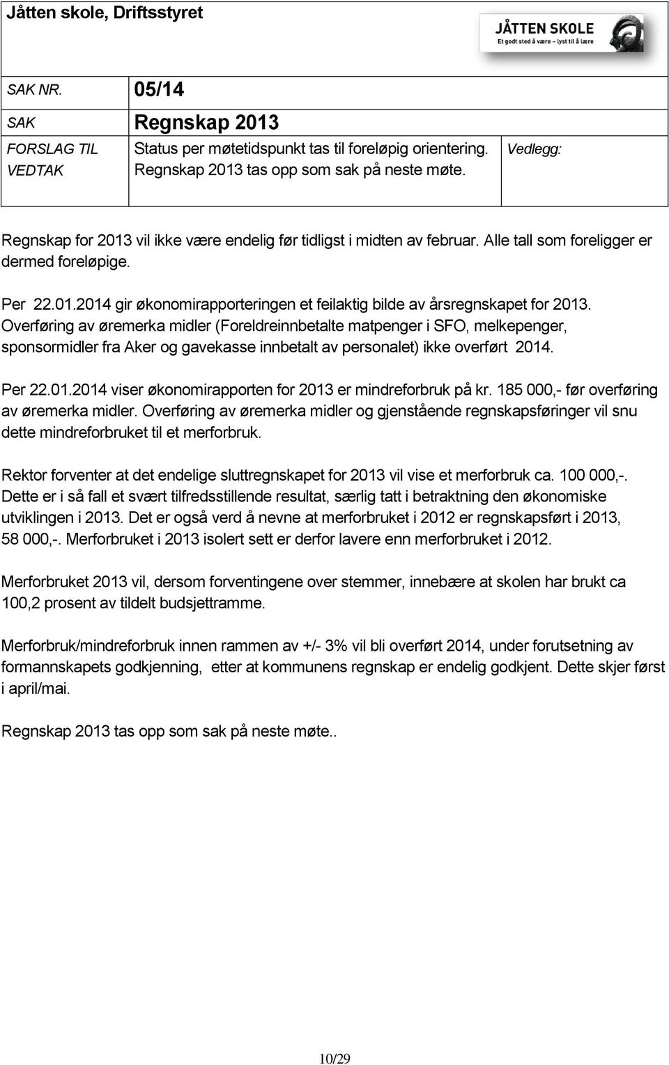 Overføring av øremerka midler (Foreldreinnbetalte matpenger i SFO, melkepenger, sponsormidler fra Aker og gavekasse innbetalt av personalet) ikke overført 2014