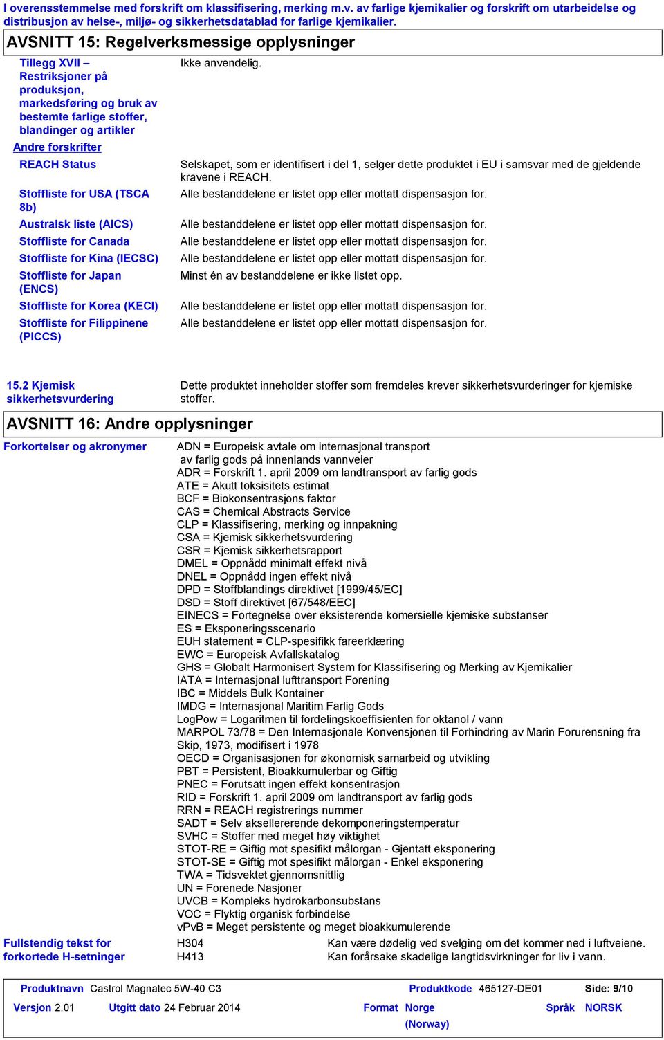 Stoffliste for USA (TSCA 8b) Australsk liste (AICS) Stoffliste for Canada Stoffliste for Kina (IECSC) Stoffliste for Japan (ENCS) Stoffliste for Korea (KECI) Stoffliste for Filippinene (PICCS)