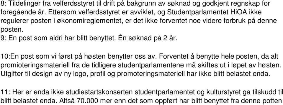 9: En post som aldri har blitt benyttet. Én søknad på 2 år. 10:En post som vi først på høsten benytter oss av.