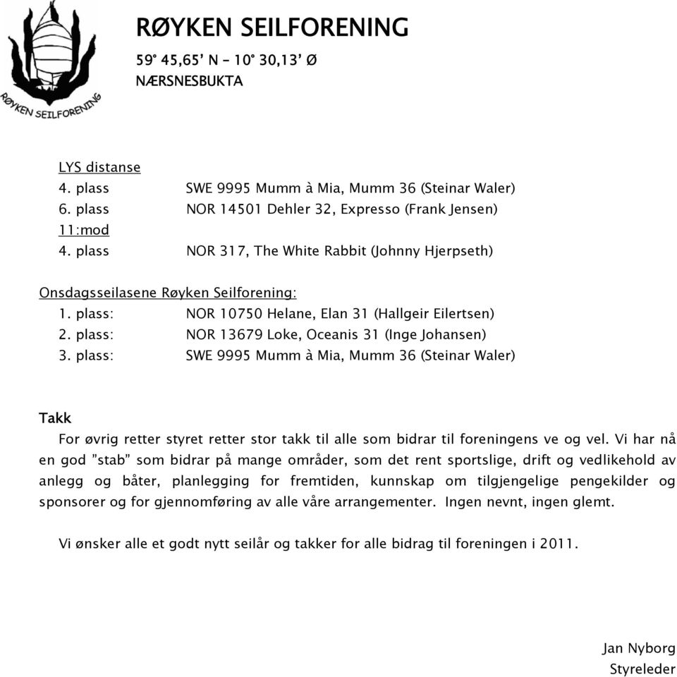 plass: NOR 13679 Loke, Oceanis 31 (Inge Johansen) 3. plass: SWE 9995 Mumm à Mia, Mumm 36 (Steinar Waler) Takk For øvrig retter styret retter stor takk til alle som bidrar til foreningens ve og vel.