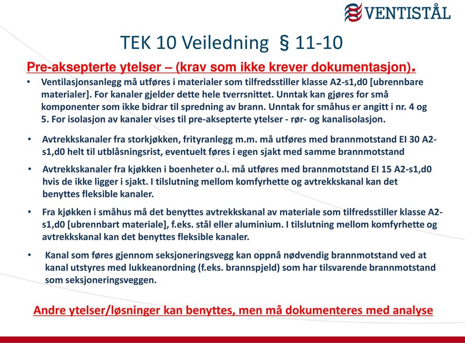 For isolasjon av kanaler vises til pre-aksepterte ytelser - rør- og kanalisolasjon. Avtrekkskanaler fra storkjøkken, frityranlegg m.