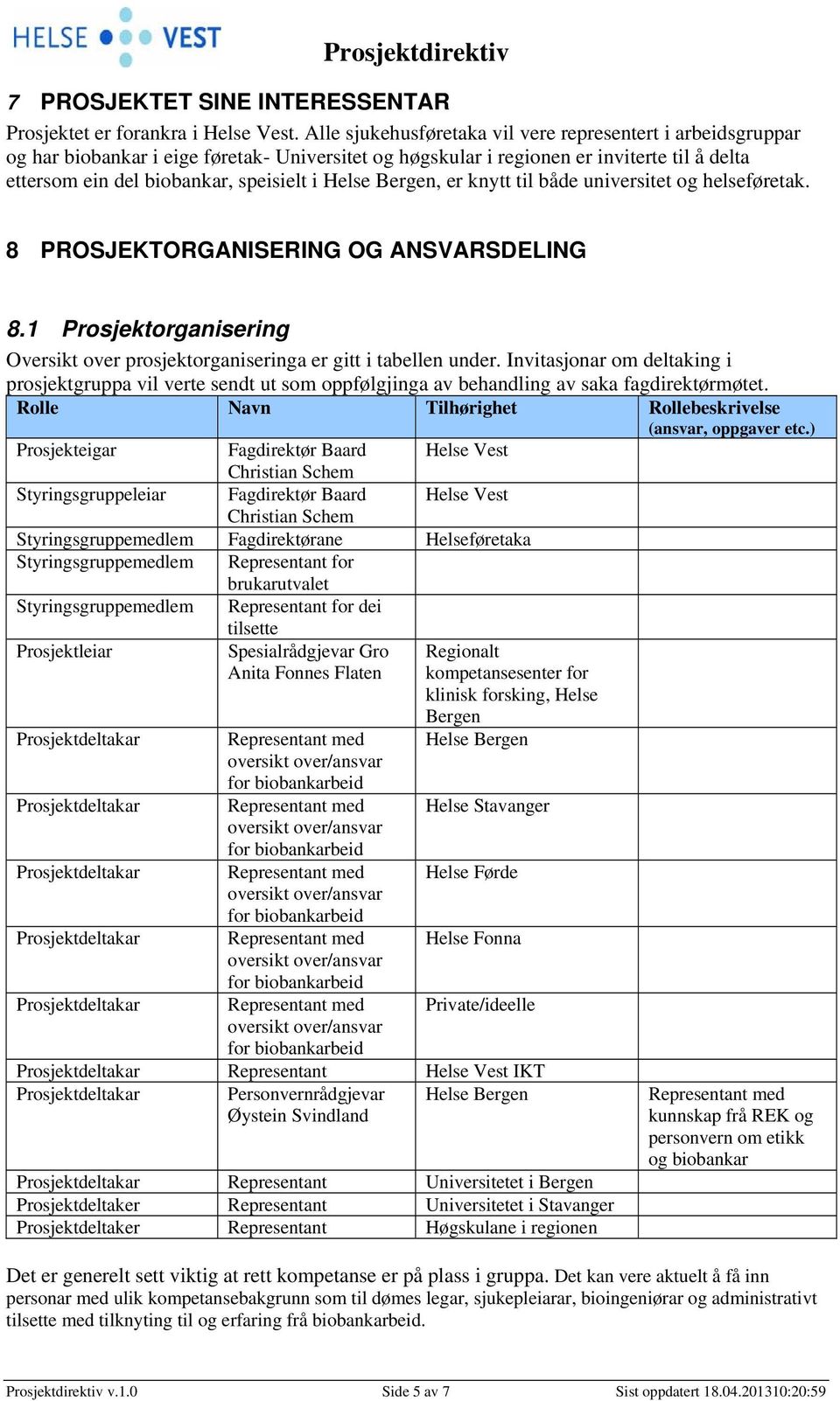 universitet helseføretak. 8 PROSJEKTORGANISERING OG ANSVARSDELING 8.1 Prosjektorganisering Oversikt over prosjektorganiseringa er gitt i tabellen under.