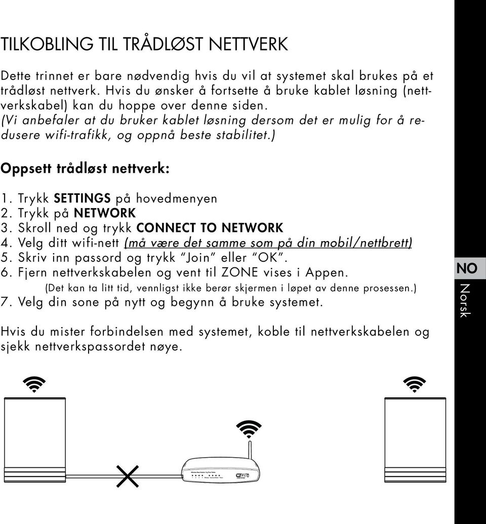(Vi anbefaler at du bruker kablet løsning dersom det er mulig for å redusere wifi-trafikk, og oppnå beste stabilitet.) Oppsett trådløst nettverk: 1. Trykk SETTINGS på hovedmenyen 2.