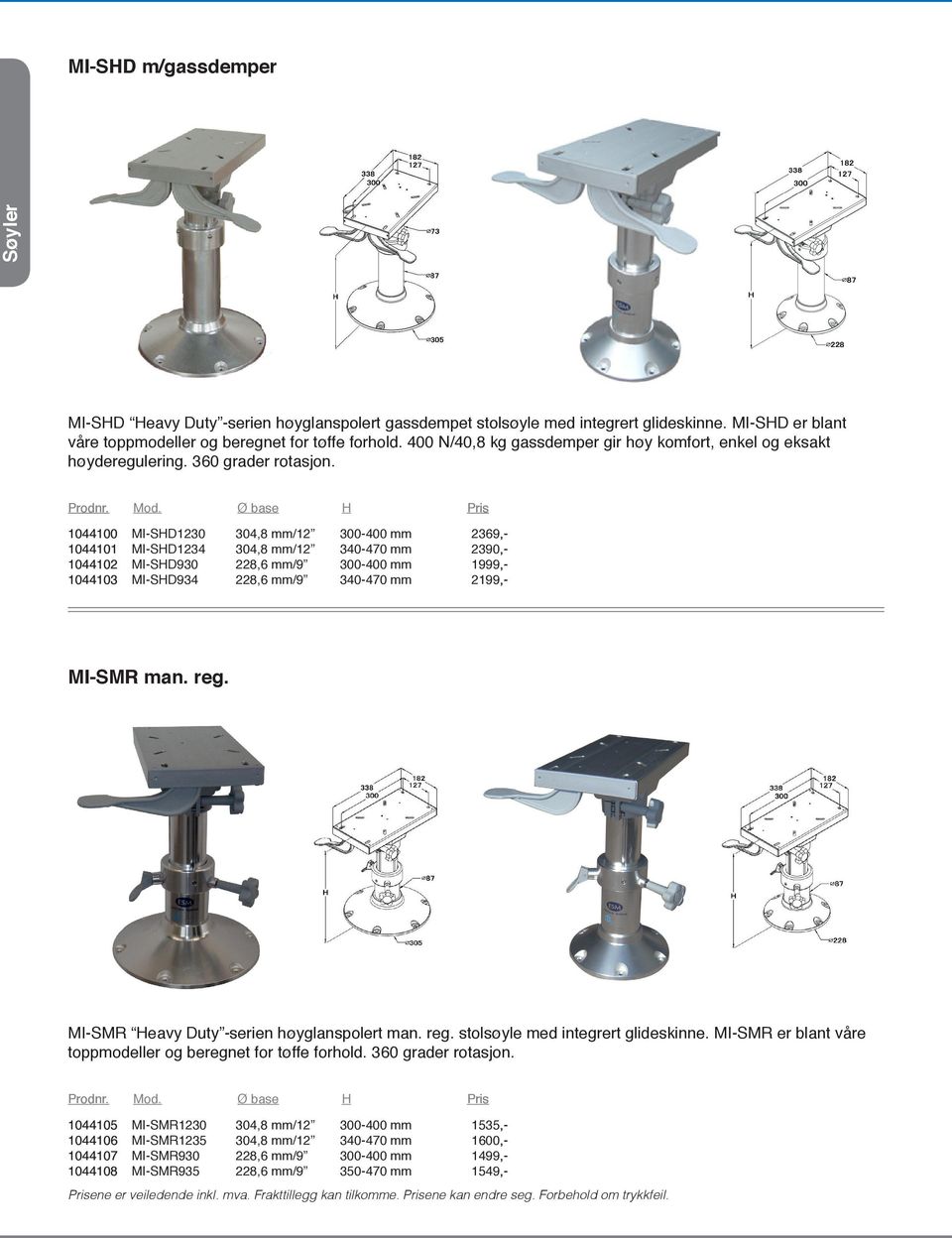 Ø base H 1044100 MI-SHD1230 304,8 mm/12 300-400 mm 2369,- 1044101 MI-SHD1234 304,8 mm/12 340-470 mm 2390,- 1044102 MI-SHD930 228,6 mm/9 300-400 mm 1999,- 1044103 MI-SHD934 228,6 mm/9 340-470 mm