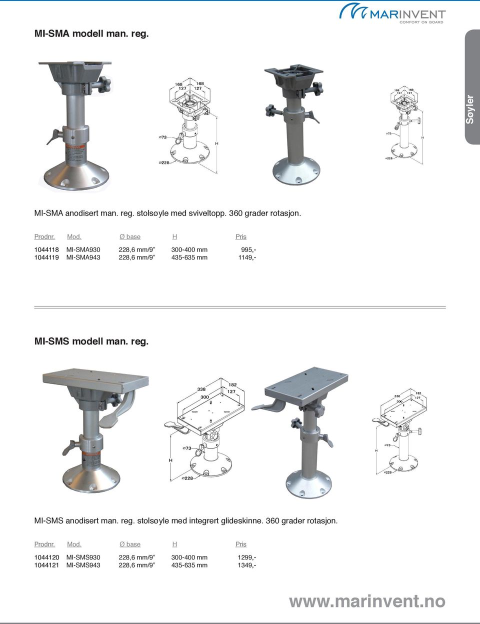modell man. reg. MI-SMS anodisert man. reg. stolsøyle med integrert glideskinne. 360 grader rotasjon. Mod.