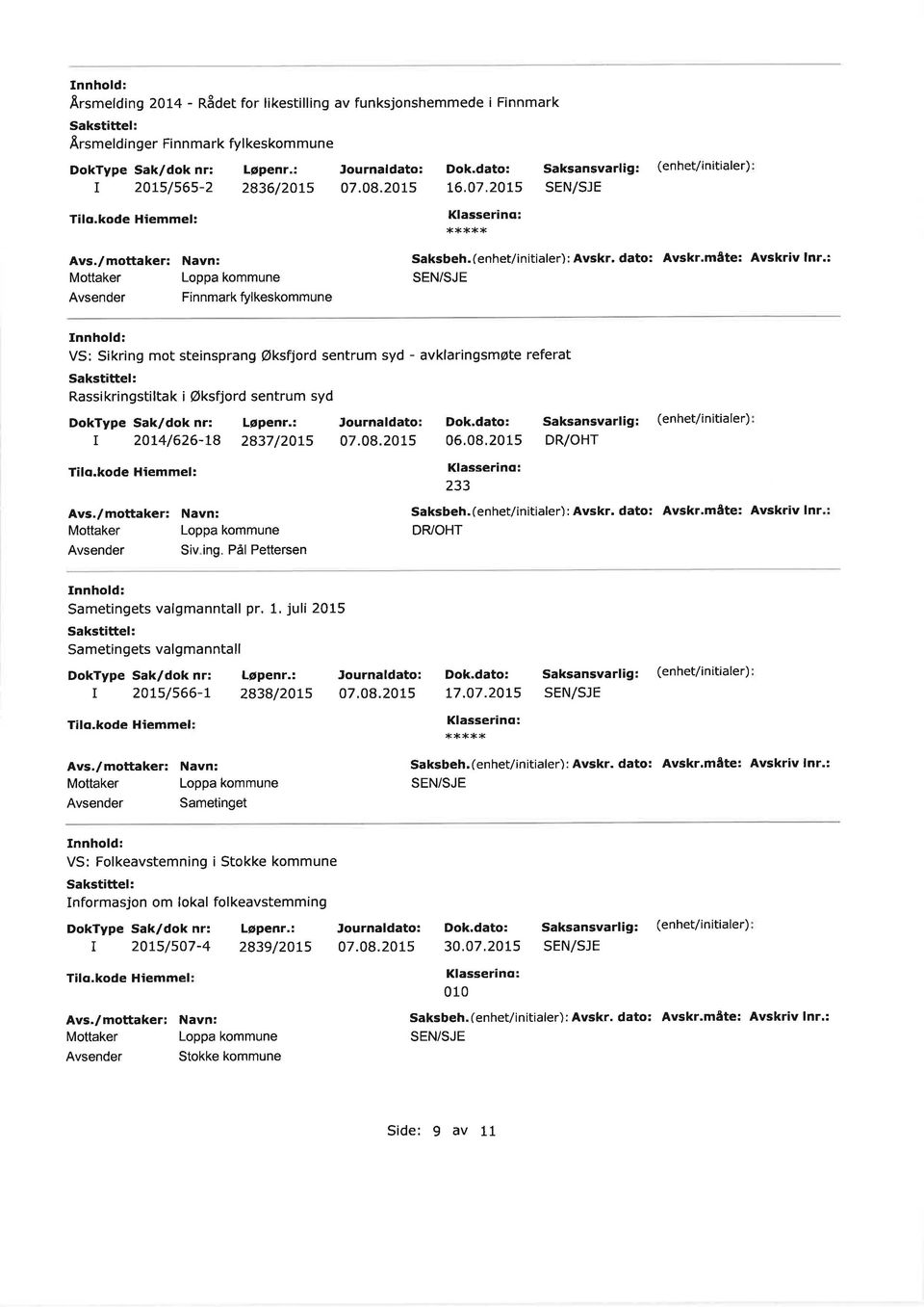 Pål Pettesen Jounaldato 07.08.2015 06,08,2015 Klâsse no: 233 DR/OHT Saksbeh.(enhet/ nitiale): Avsk. dato: Avsk.måte: Avskiv ln DRYOHT Sametingets valgmanntall p.